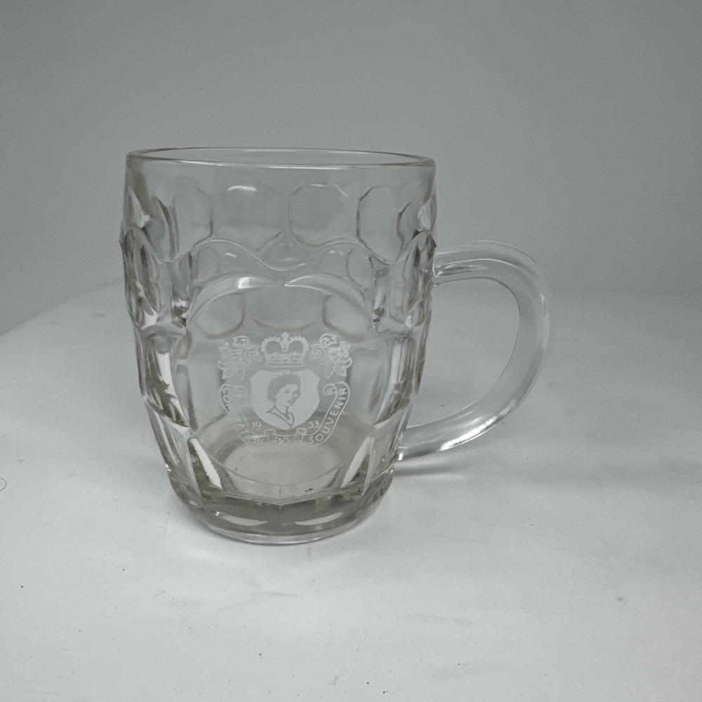Queen Elizabeth Coronation Glass Mug Half Pint Souvenir Vintage Clear Royal
